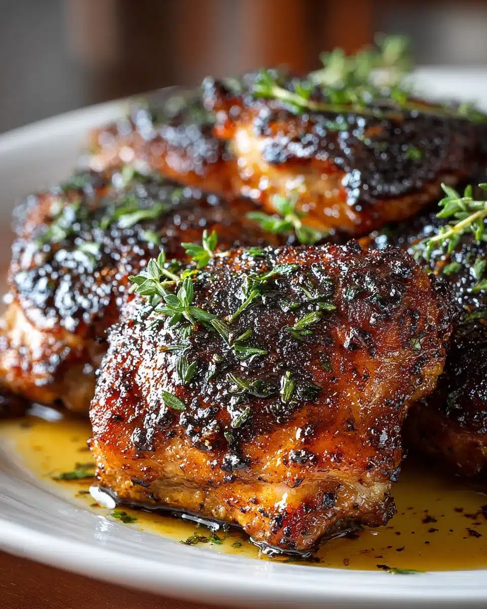 Honey balsamic glazed chicken thighs on a rustic plate