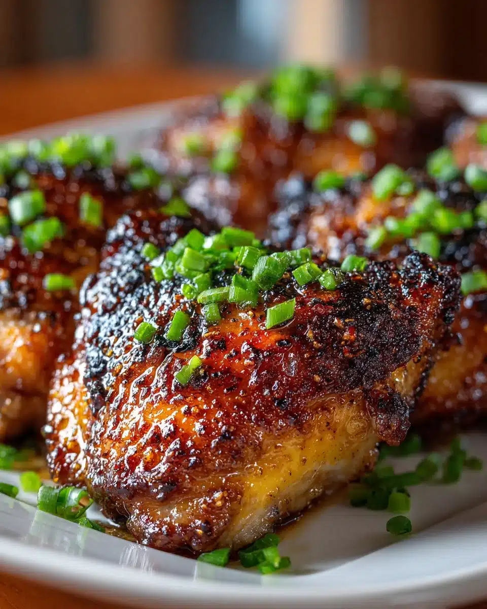 Honey garlic grilled chicken thighs on a serving platter garnished with herbs.