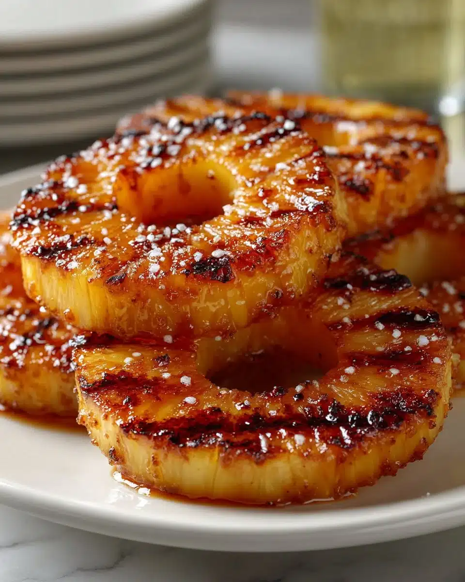 Honey glazed grilled pineapple rings served on a plate