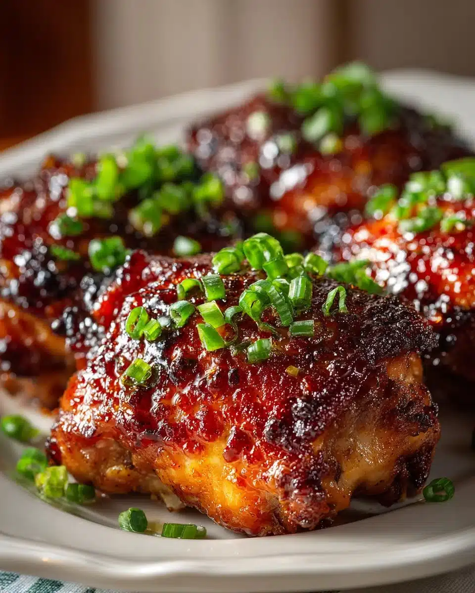Honey Sriracha glazed turkey thighs garnished with herbs on a plate