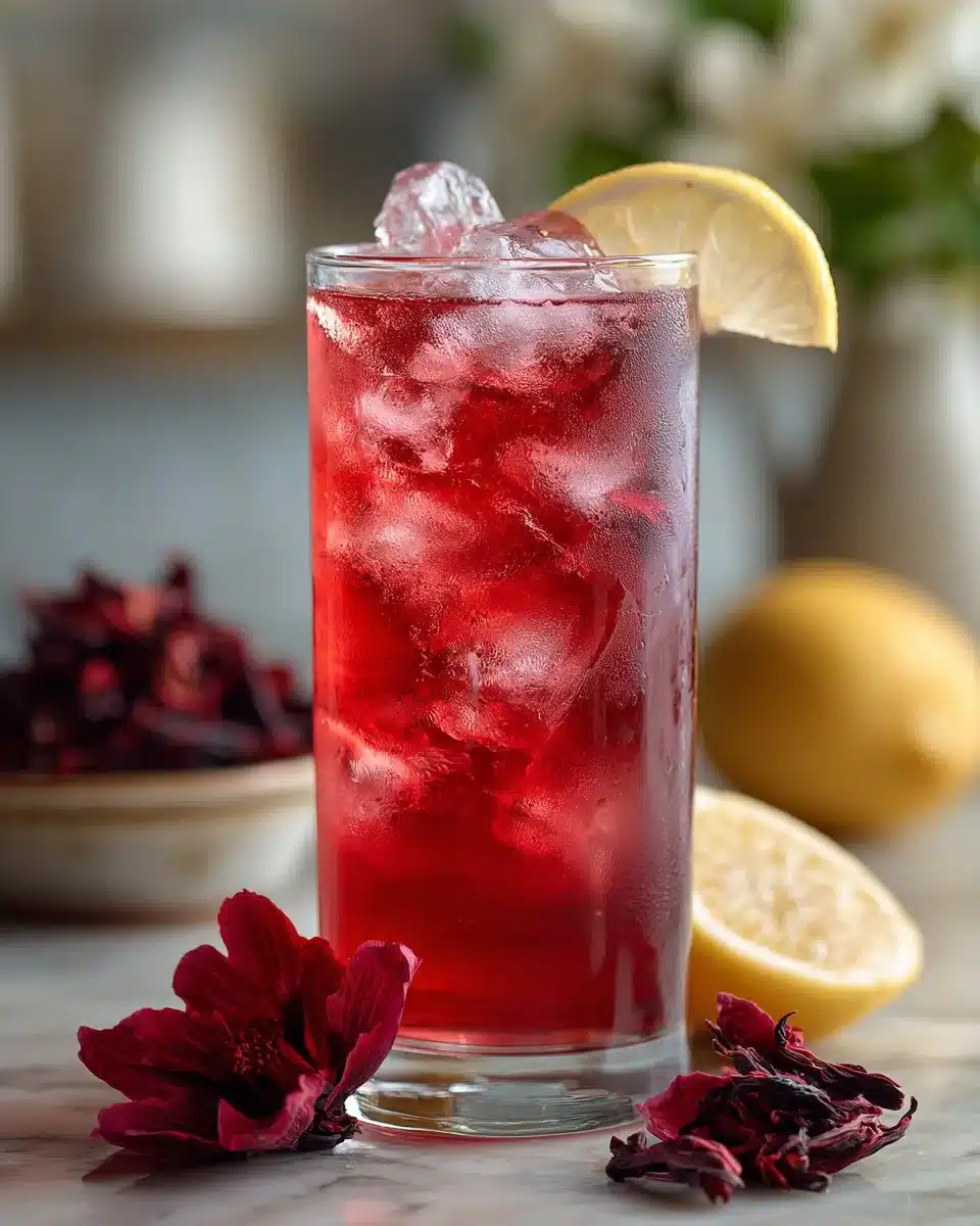 Glass of iced hibiscus rose lemonade garnished with a lemon slice