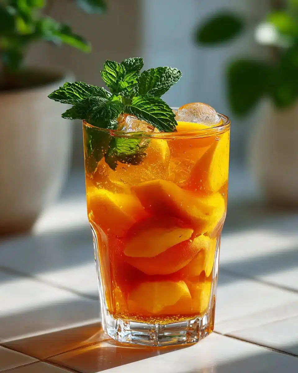 Glass of iced peach green tea garnished with fresh peach slices and mint.