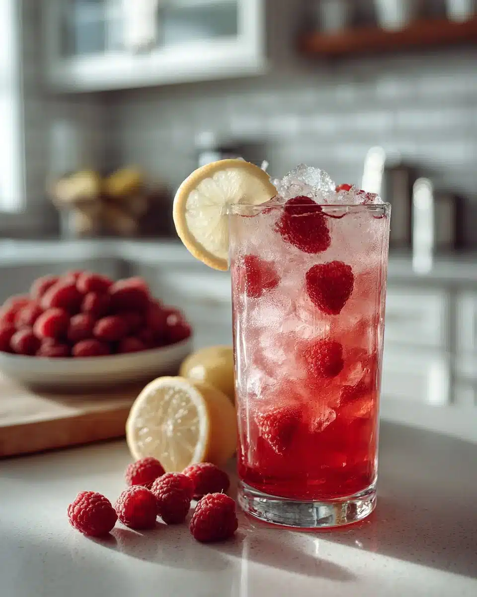 A refreshing glass of iced raspberry lemonade served with fresh raspberries and lemon slices.