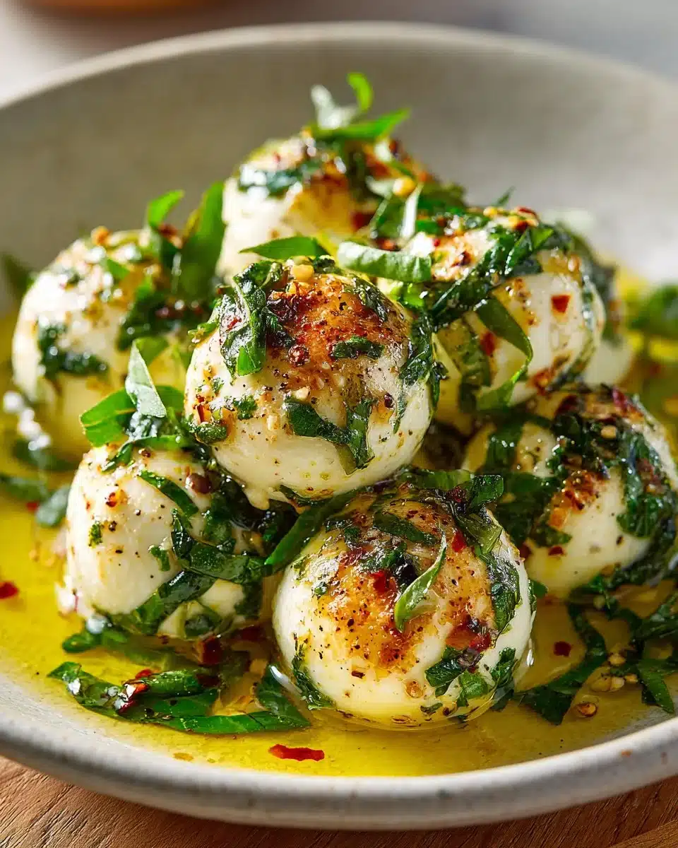 Bowl of Lemon Basil Marinated Mozzarella Balls garnished with basil leaves