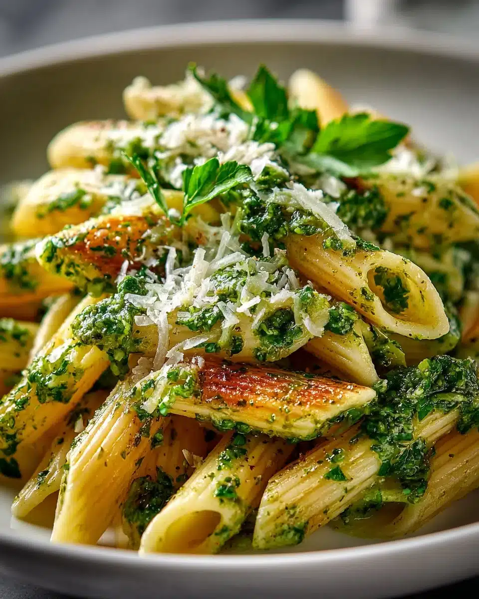 Bowl of Lemon Basil Pesto Penne Pasta garnished with fresh basil.
