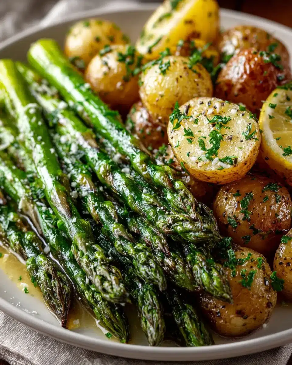 Delicious Lemon Garlic Butter Roasted Asparagus and Potatoes on a serving plate