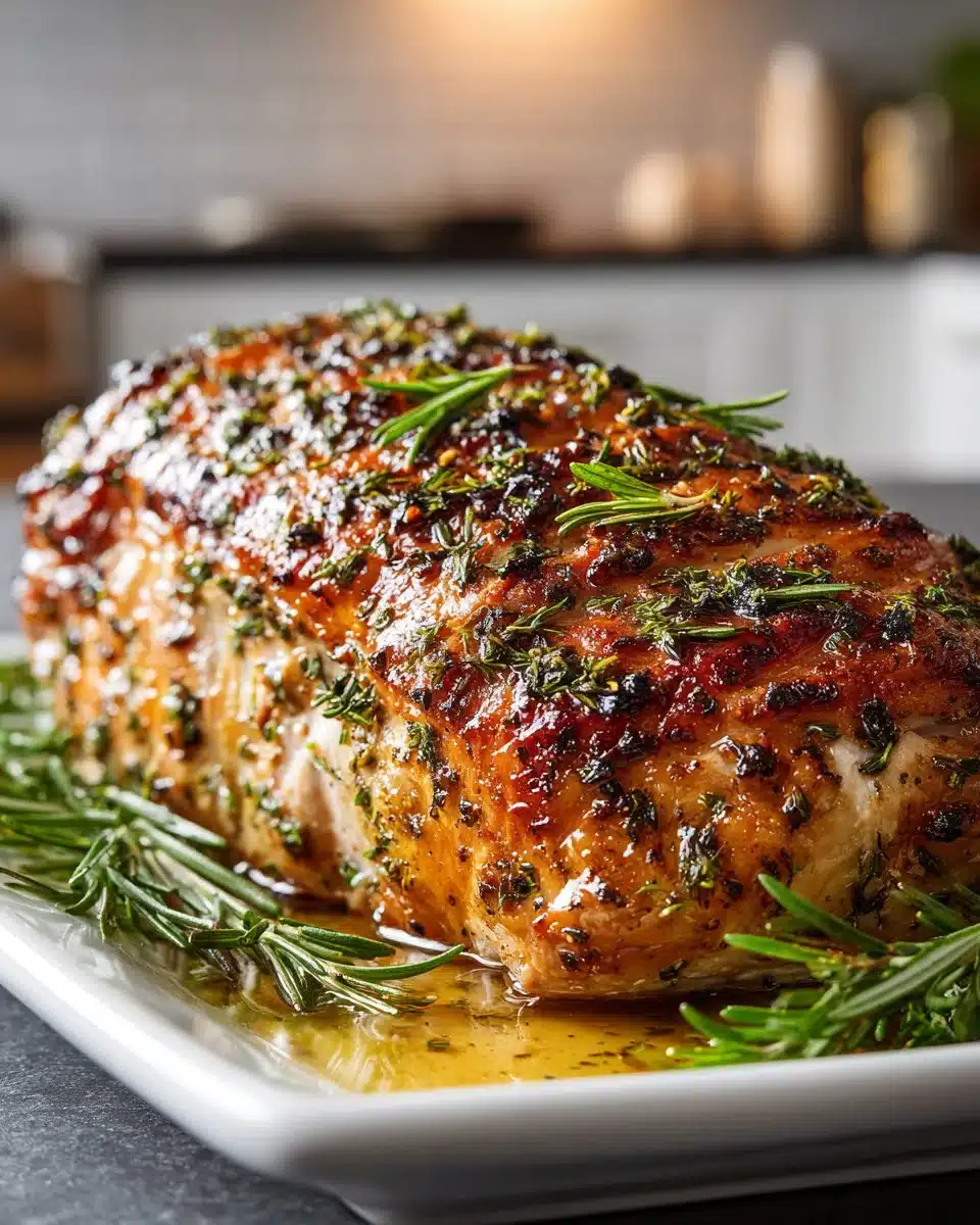 Lemon Herb Roasted Turkey Breast garnished with fresh herbs