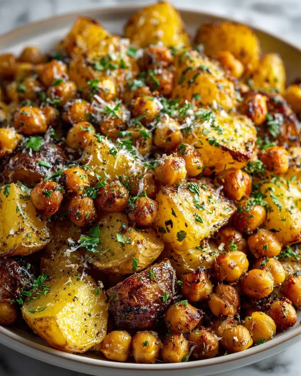 Lemon Oregano Roasted Chickpeas and Potatoes served in a bowl