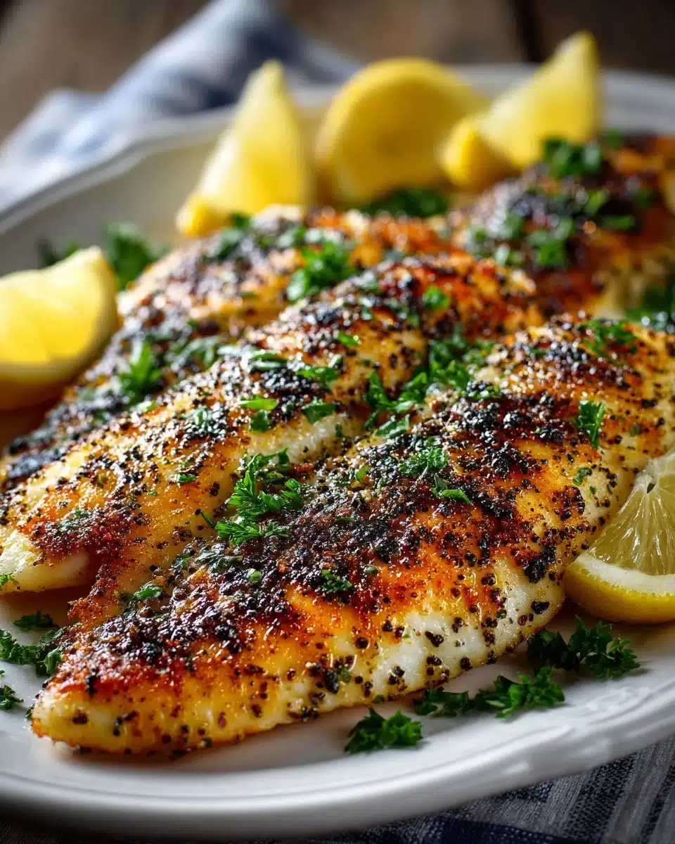 Lemon pepper grilled tilapia served with fresh herbs and lemon garnish