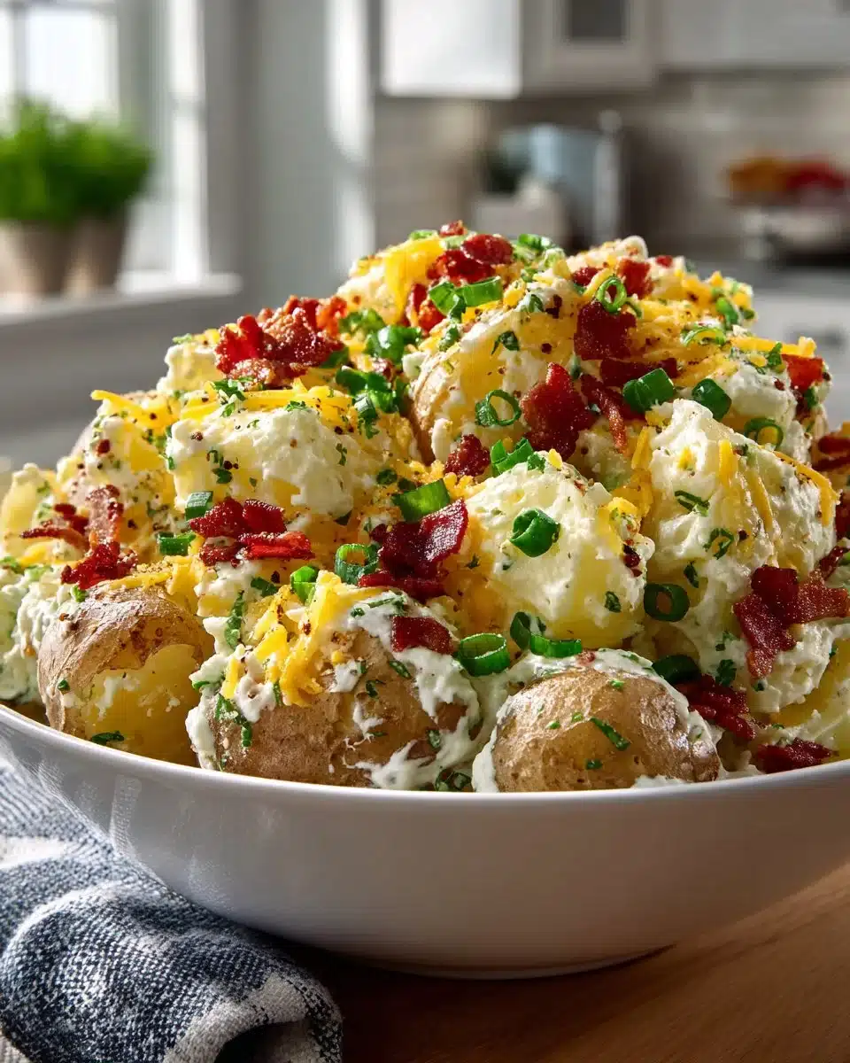 Loaded baked potato salad topped with cheese, bacon, and green onions.