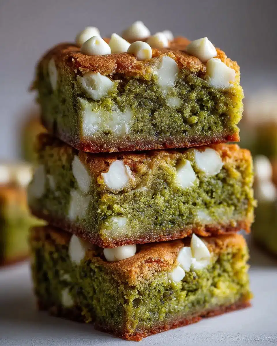 Matcha blondies topped with white chocolate drizzles on a plate.