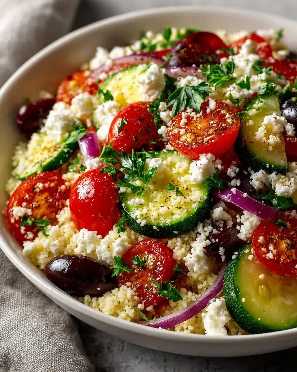 Mediterranean Couscous Salad with Feta, garnished with vegetables and herbs.