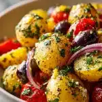 Mediterranean Lemon Olive Oil Potato Salad served in a bowl with fresh herbs