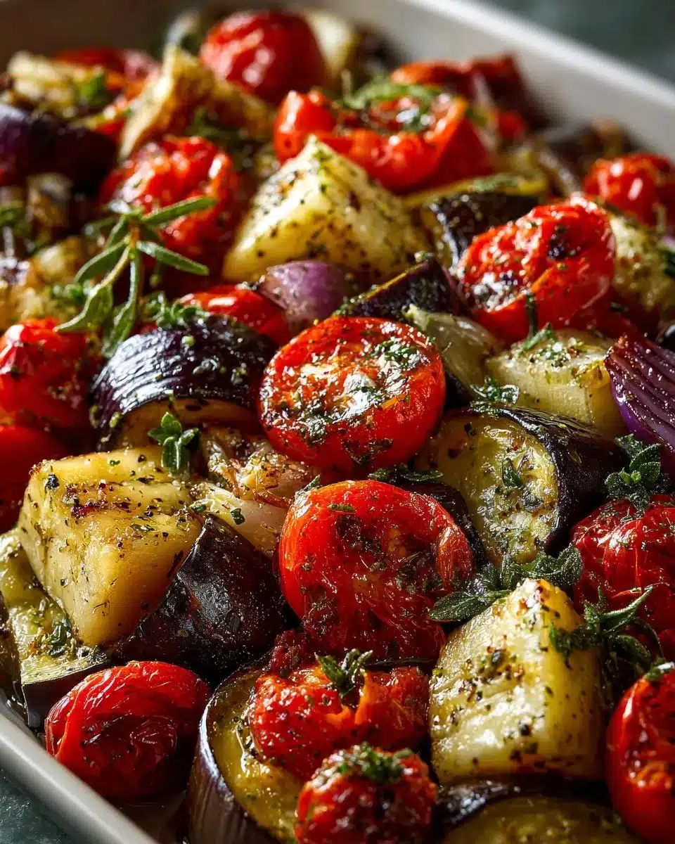 Mediterranean roasted eggplant with tomatoes and herbs served on a plate