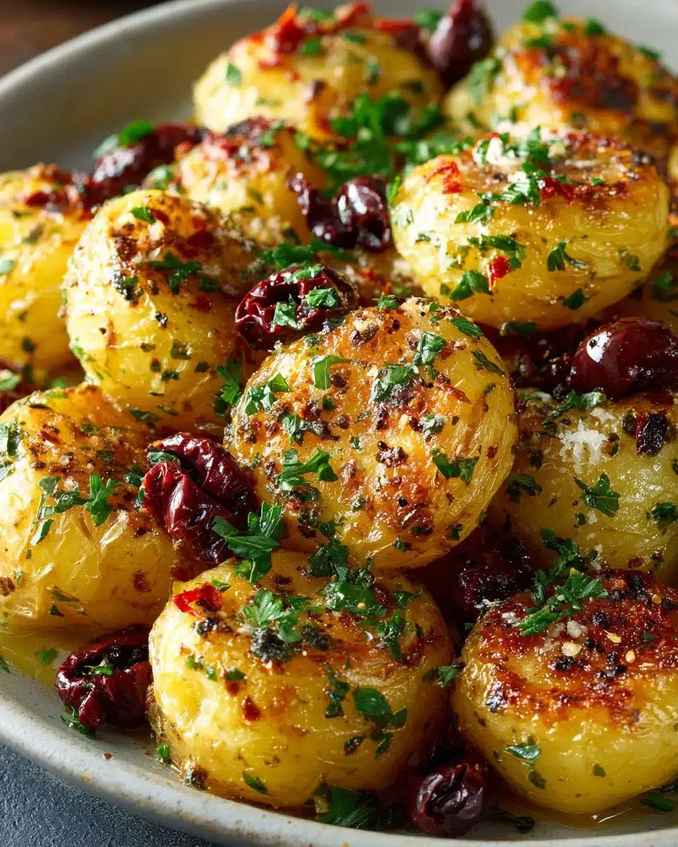 Plate of Mediterranean Smashed Potatoes topped with Kalamata Olives