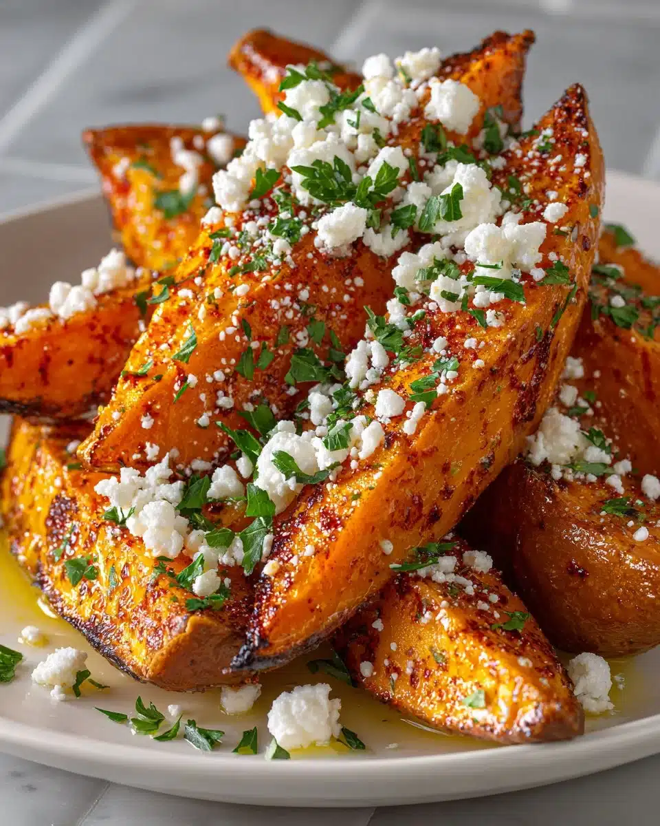 Mediterranean sweet potato wedges topped with feta cheese and herbs