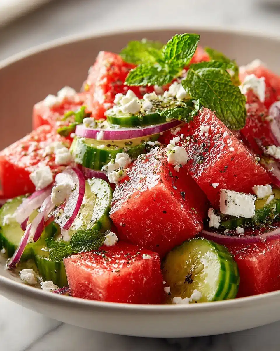 Mediterranean watermelon salad featuring fresh watermelon and feta cheese