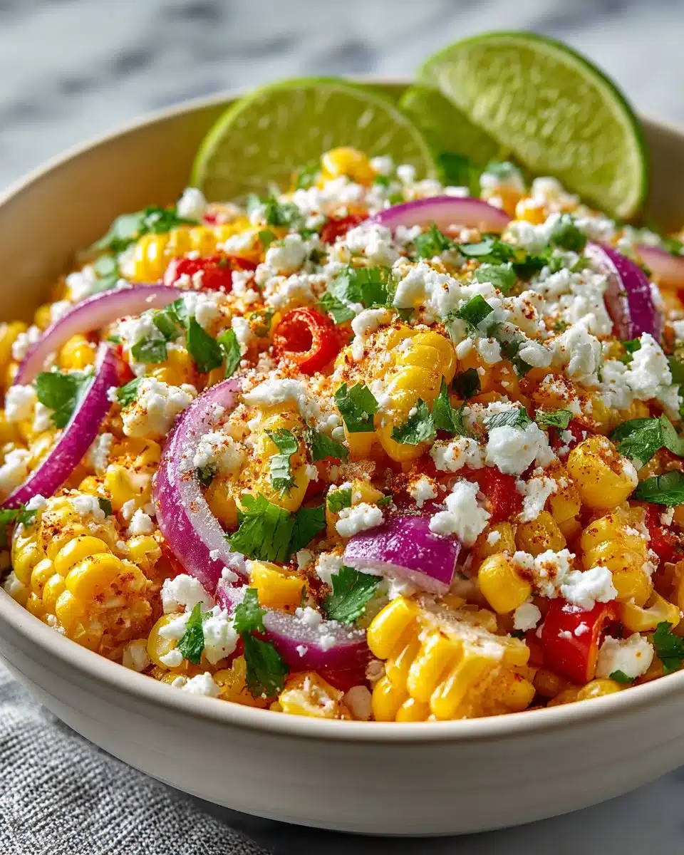 Delicious Mexican street corn salad with lime in a bowl.