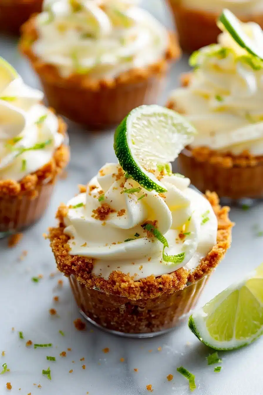 Mini Key Lime Pie Dessert Cups with whipped cream and decorative lime slices