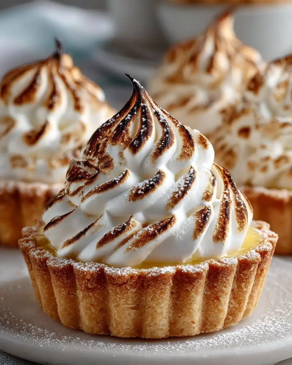 Mini lemon meringue tartlets topped with golden toasted meringue.