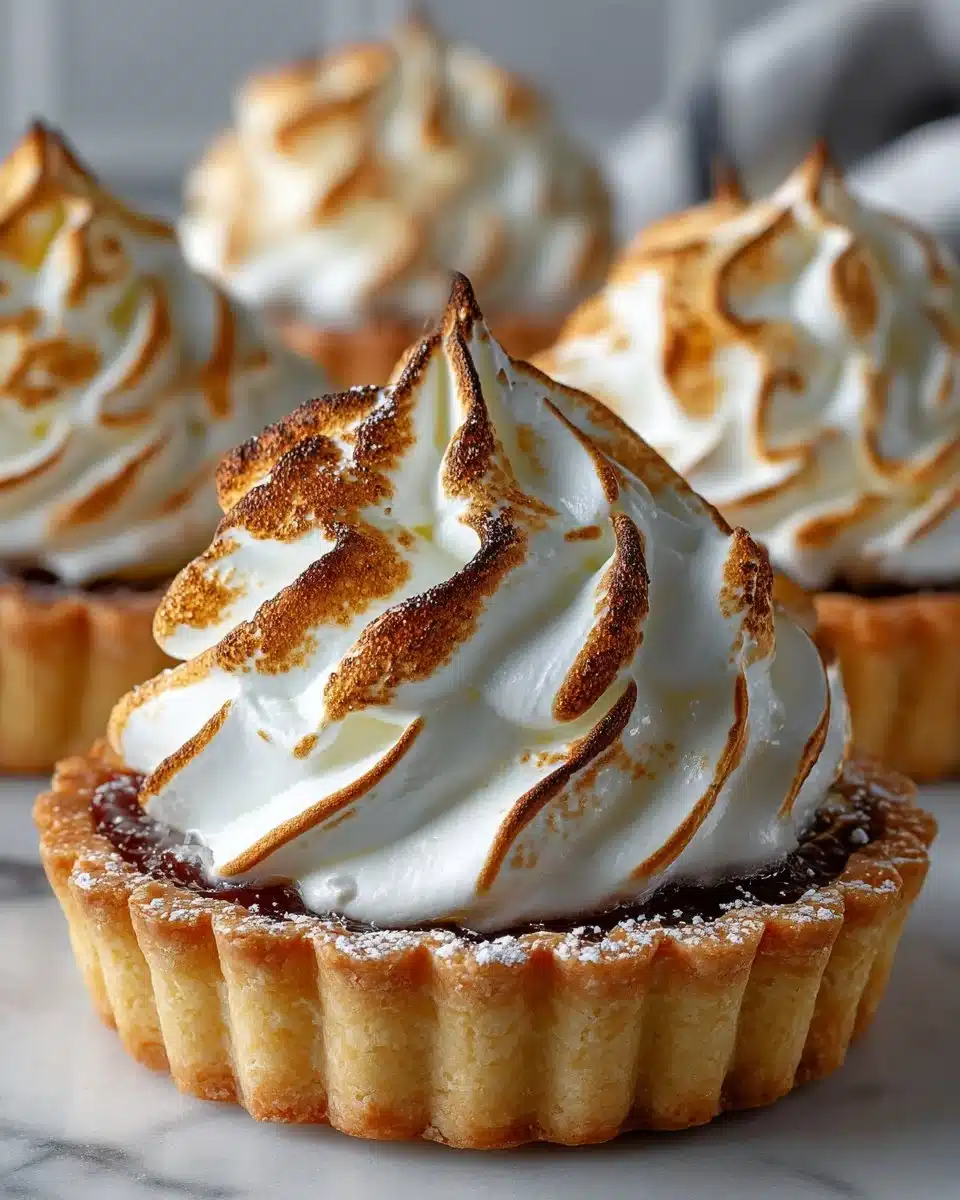 Mini lemon meringue tarts with zesty lemon filling and fluffy meringue topping.