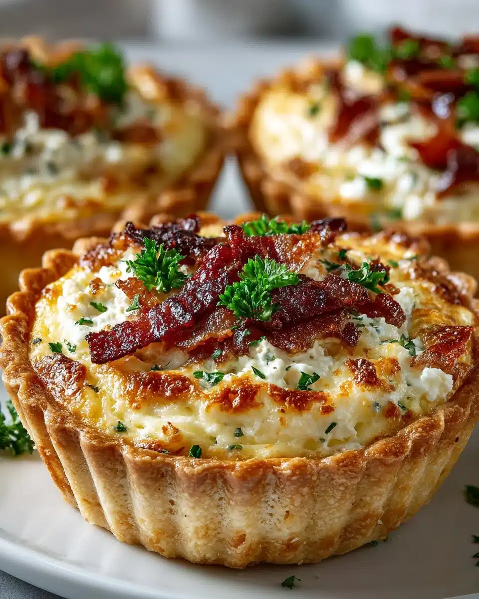Mini Quiche Lorraine with Turkey Bacon served on a plate