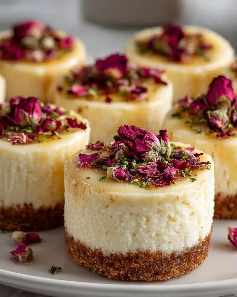 Delicious mini rosewater vanilla cheesecakes garnished with fresh roses.