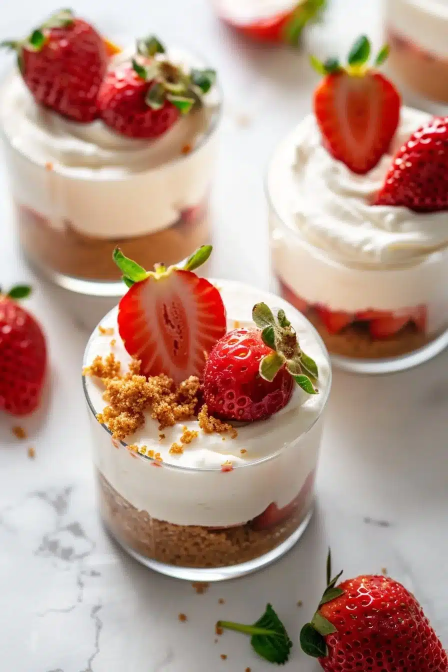 Mini strawberry cheesecake dessert cups served on a platter