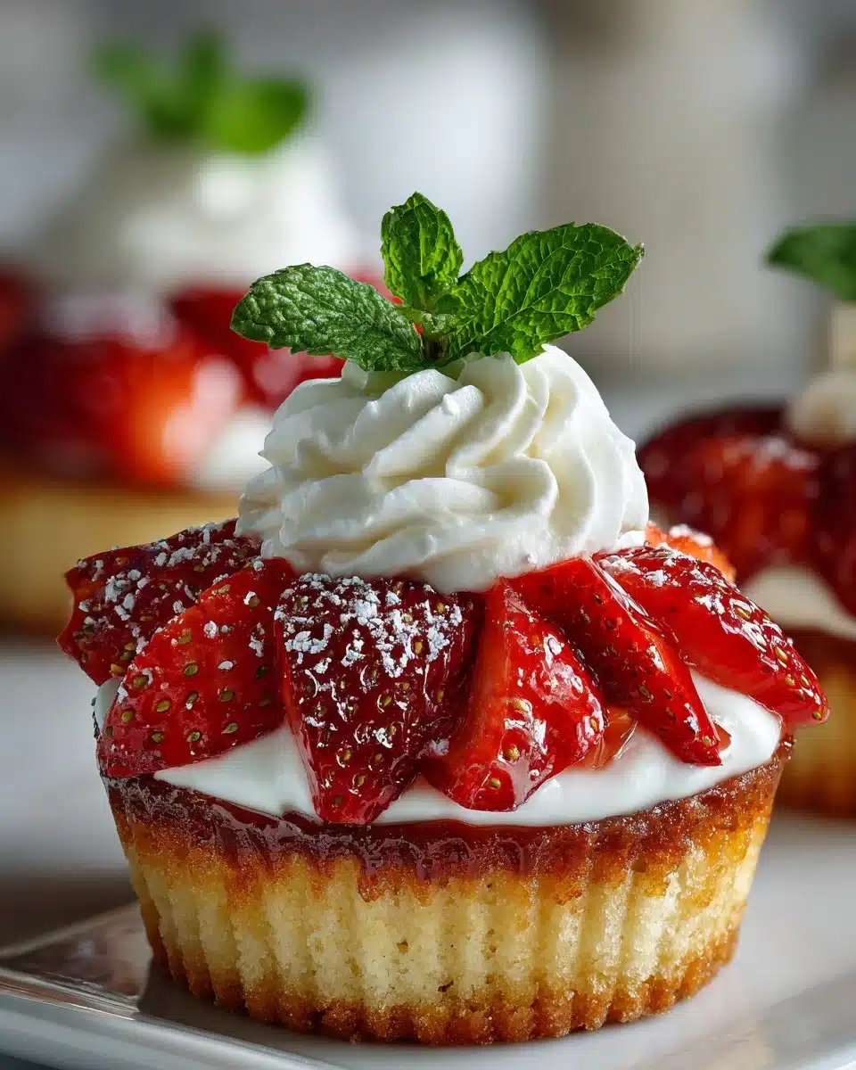 Delicious mini strawberry shortcake cups topped with fresh strawberries and whipped cream.