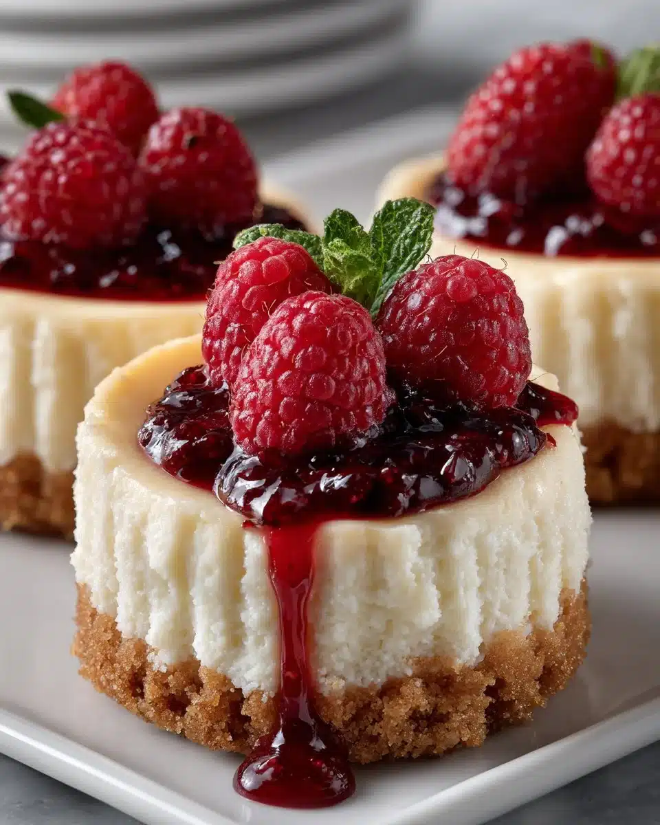 Mini Vanilla Bean Cheesecakes with Raspberry Sauce Mini Vanilla Bean Cheesecakes with Raspberry Sauce