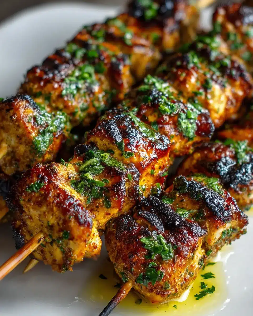 Moroccan spiced grilled chicken skewers served on a plate with vegetables