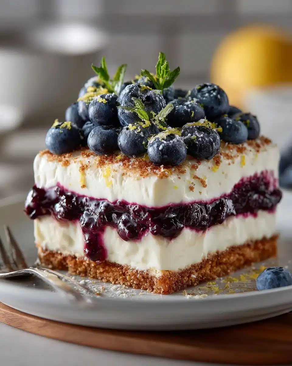 No bake blueberry lemon icebox cake topped with fresh blueberries and lemon slices