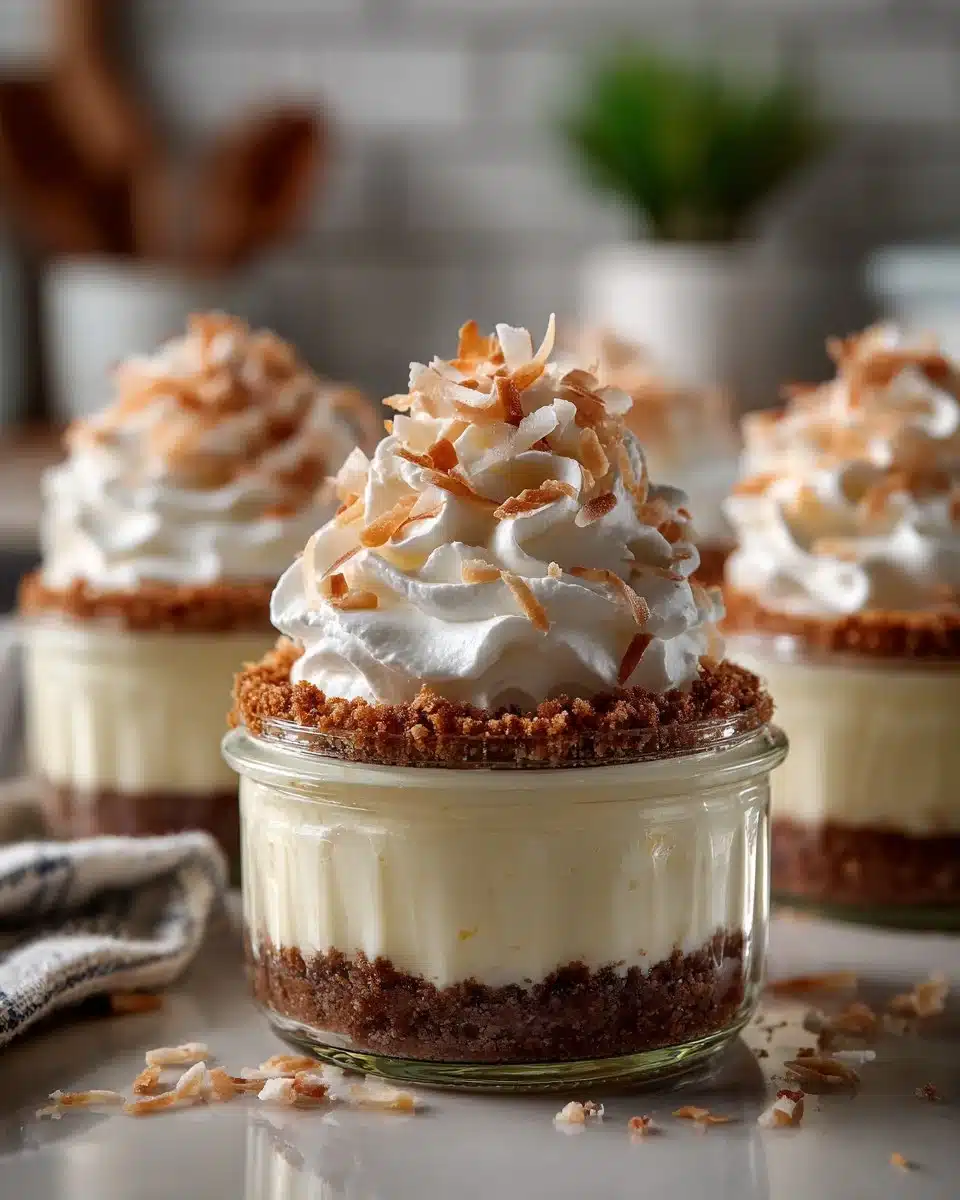 No bake coconut cream pie jars with whipped cream and toasted coconut topping