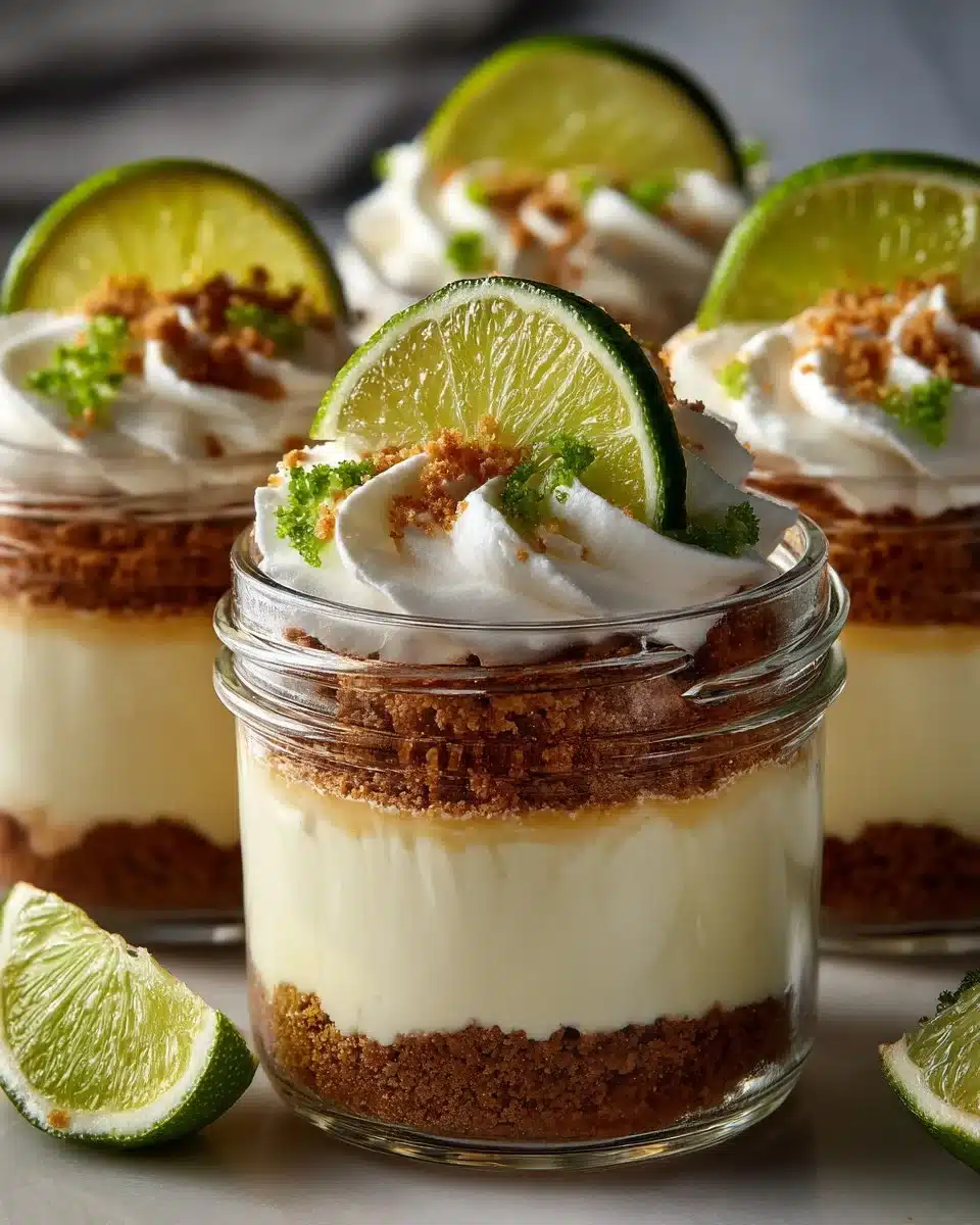 Delicious no bake key lime pie jars topped with whipped cream and lime slices