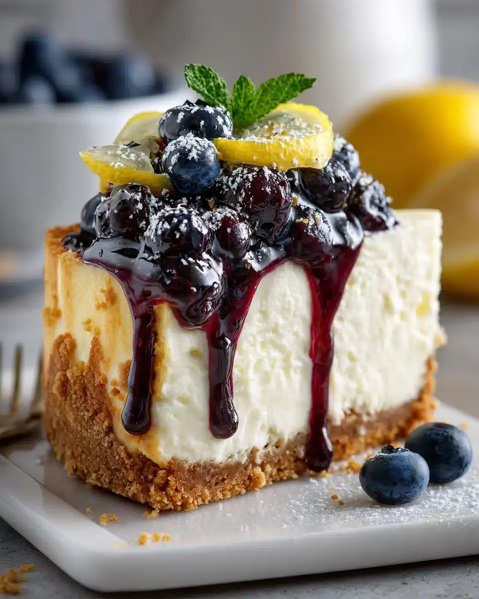 No Bake Lemon Blueberry Cheesecake topped with fresh blueberries and lemon slices