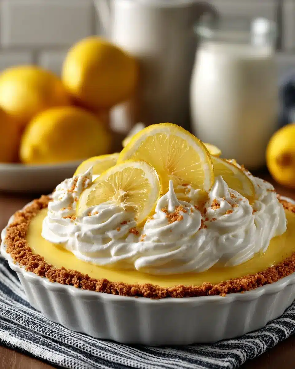 No Bake Lemon Cream Pie topped with fresh lemons and whipped cream