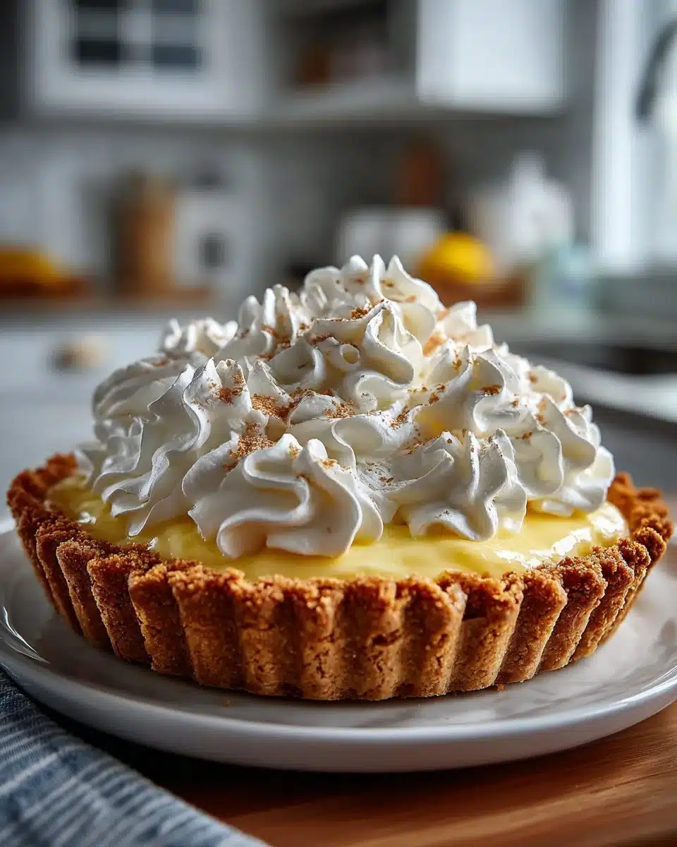 Delicious No Bake Lemon Cream Pie topped with whipped cream and lemon zest