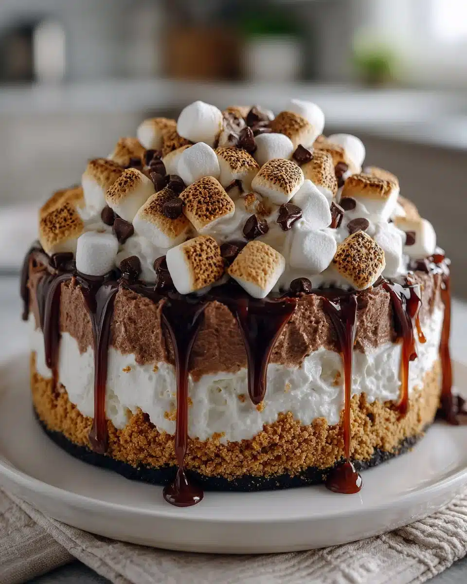 No Bake Smores Ice Cream Cake with chocolate and marshmallows
