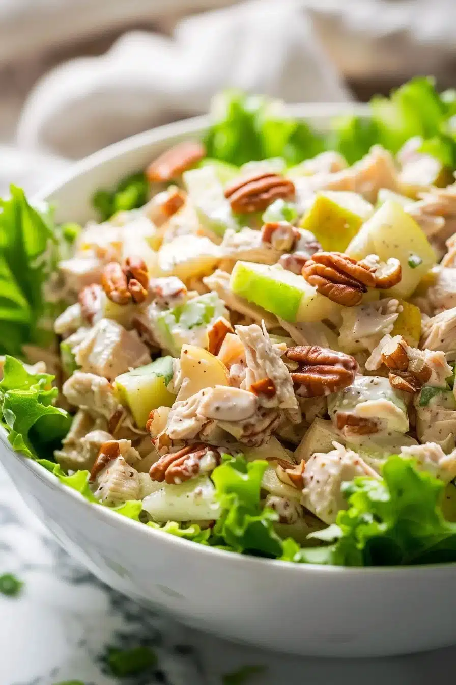 Old fashioned country chicken salad served in a rustic bowl