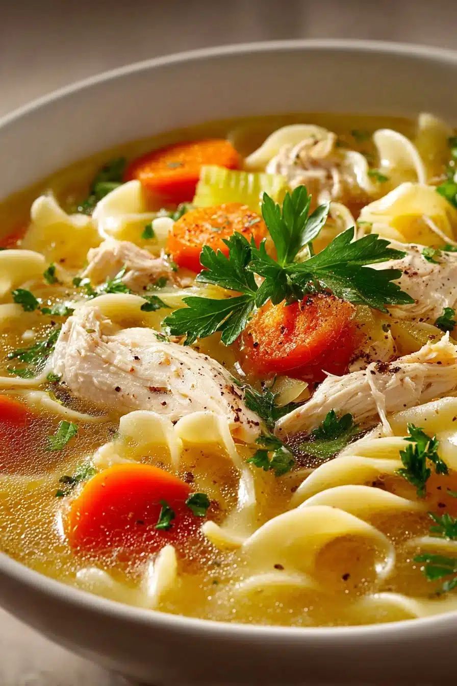 Bowl of old fashioned homemade chicken noodle soup with vegetables and noodles