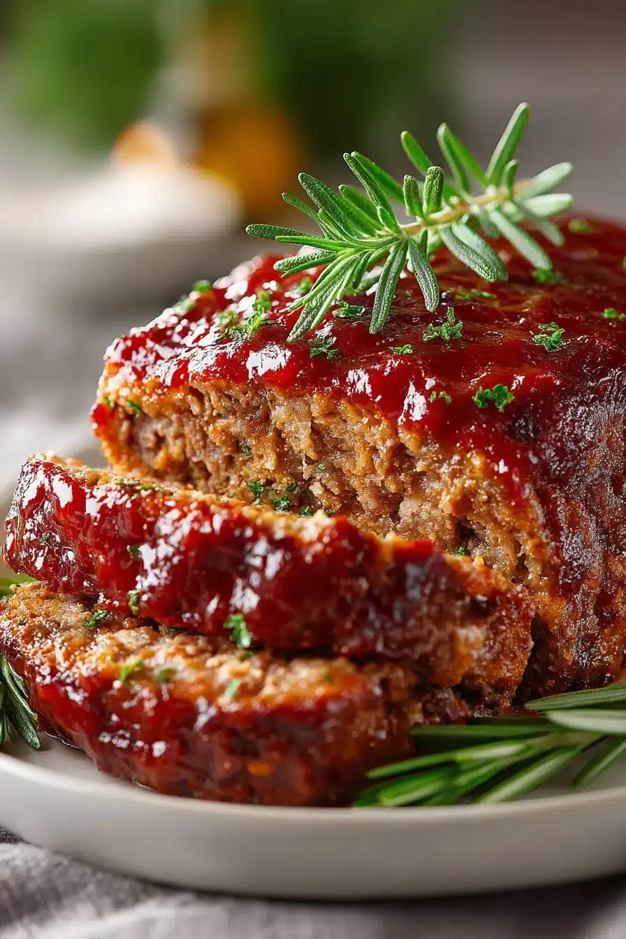 Old Fashioned Meatloaf with Ground Beef Old fashioned meatloaf made with ground beef served on a plate