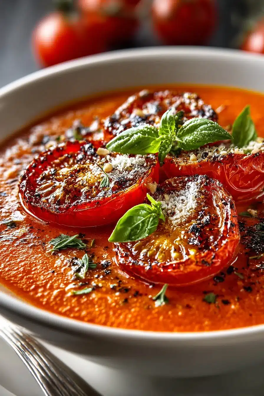 Bowl of Old Fashioned Roasted Tomato Soup garnished with fresh basil