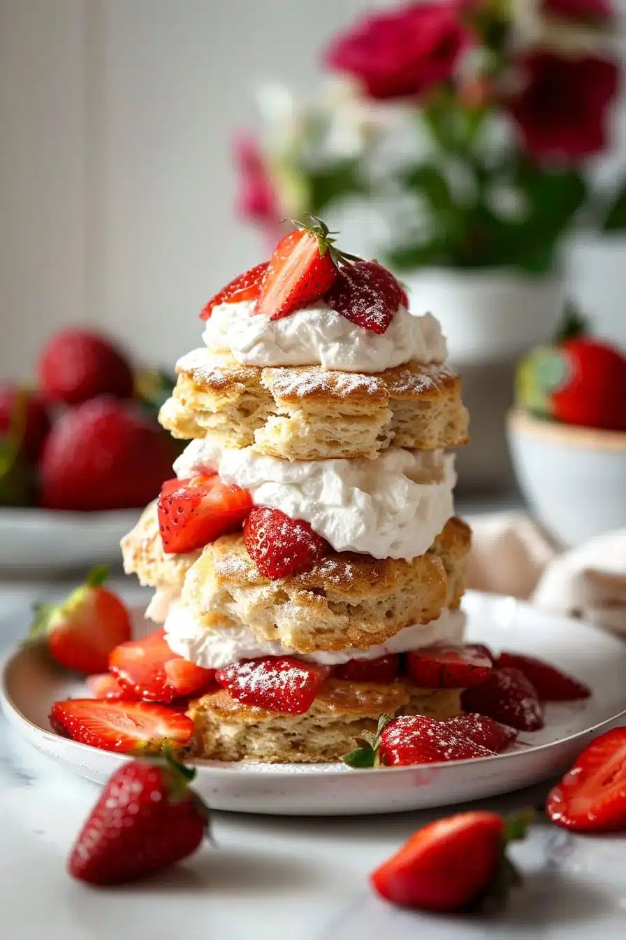 Old fashioned strawberry shortcake dessert with fresh strawberries and whipped cream