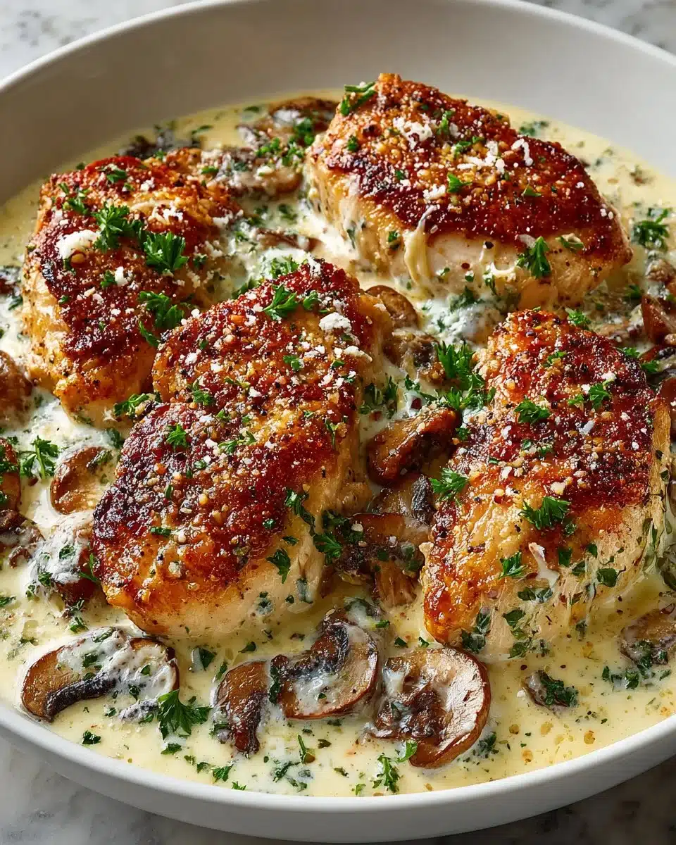 Delicious one pan creamy garlic parmesan chicken dish garnished with parsley