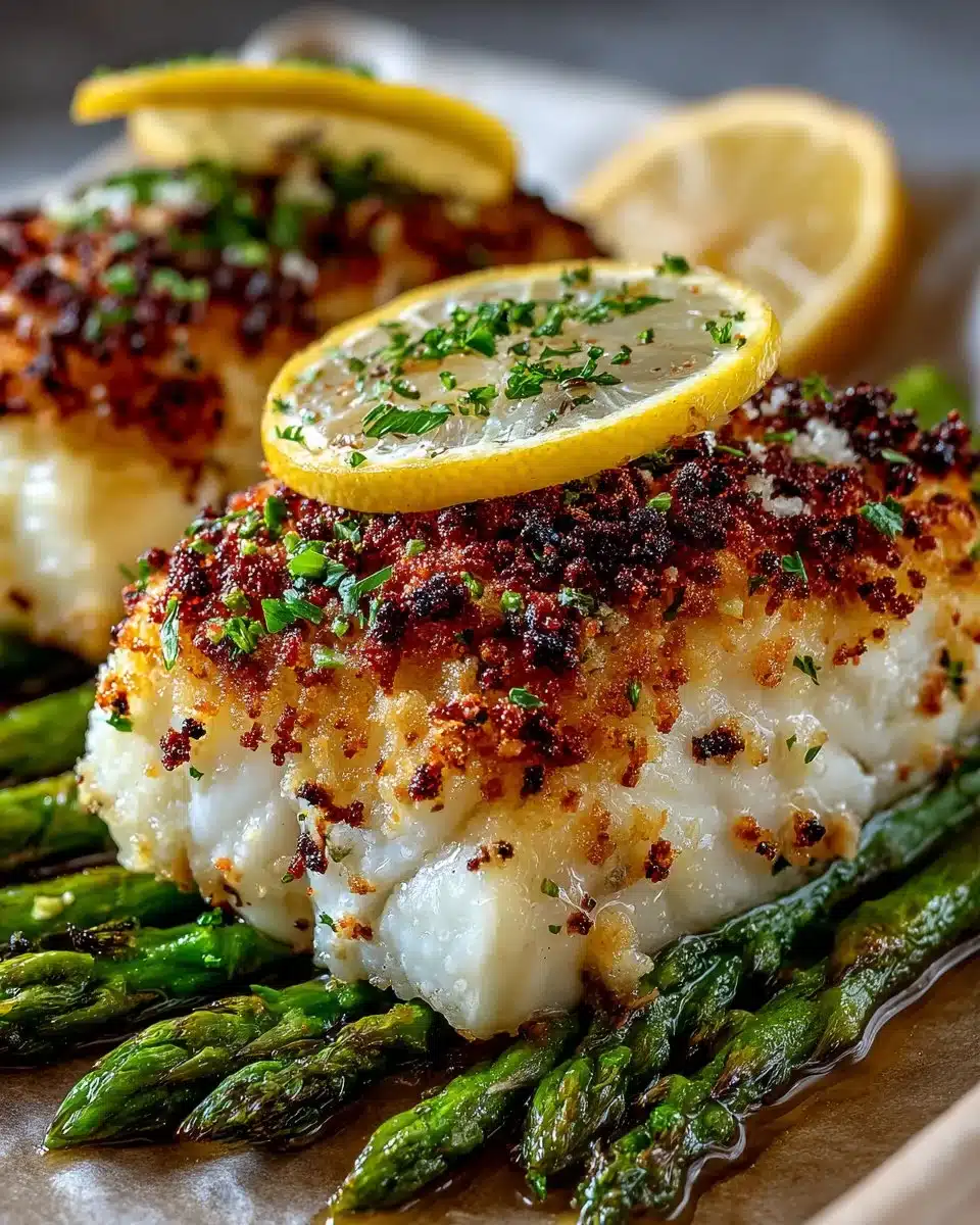 Delicious Parmesan Crusted Halibut served with fresh asparagus as a wholesome meal