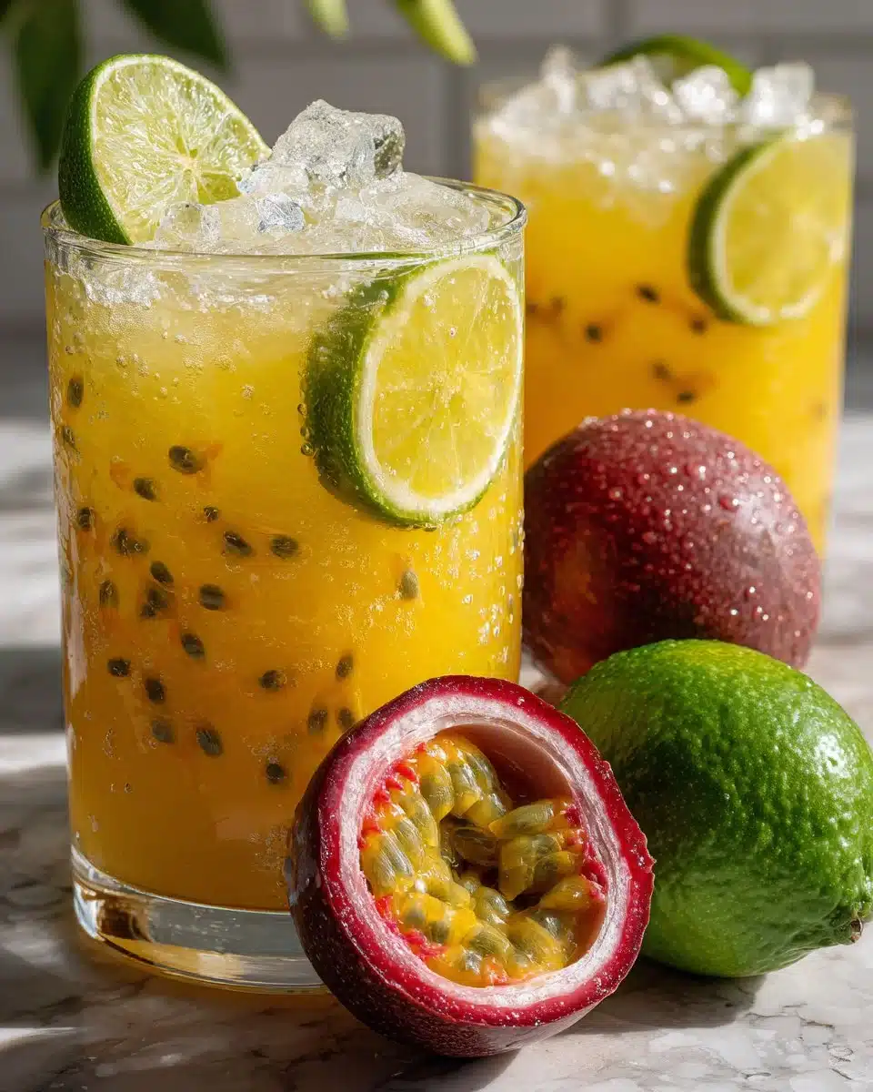 Refreshing Passionfruit Lime Water in a clear glass with mint leaves