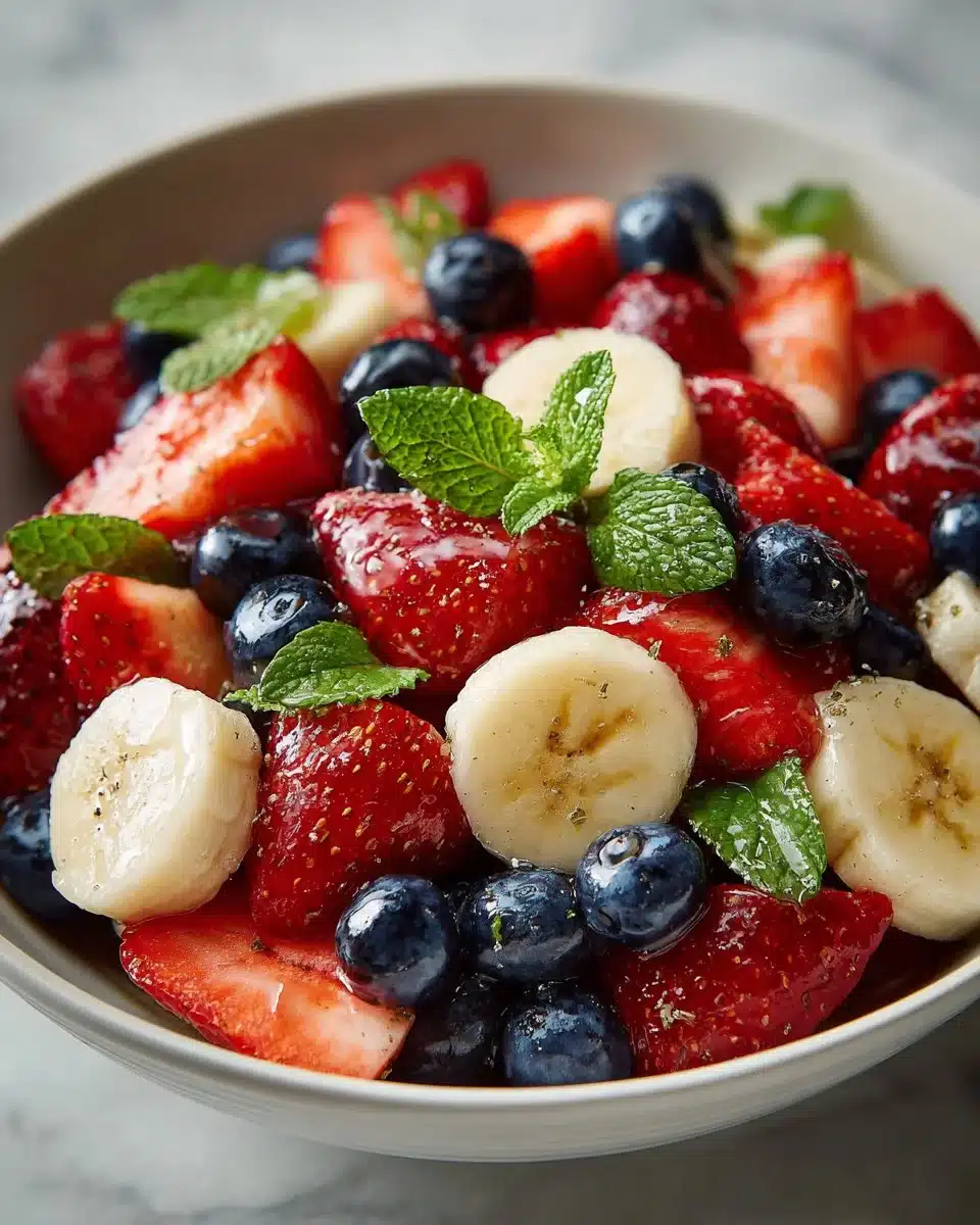 Patriotic Fruit Salad with honey lime glaze topped with fresh berries and mint.
