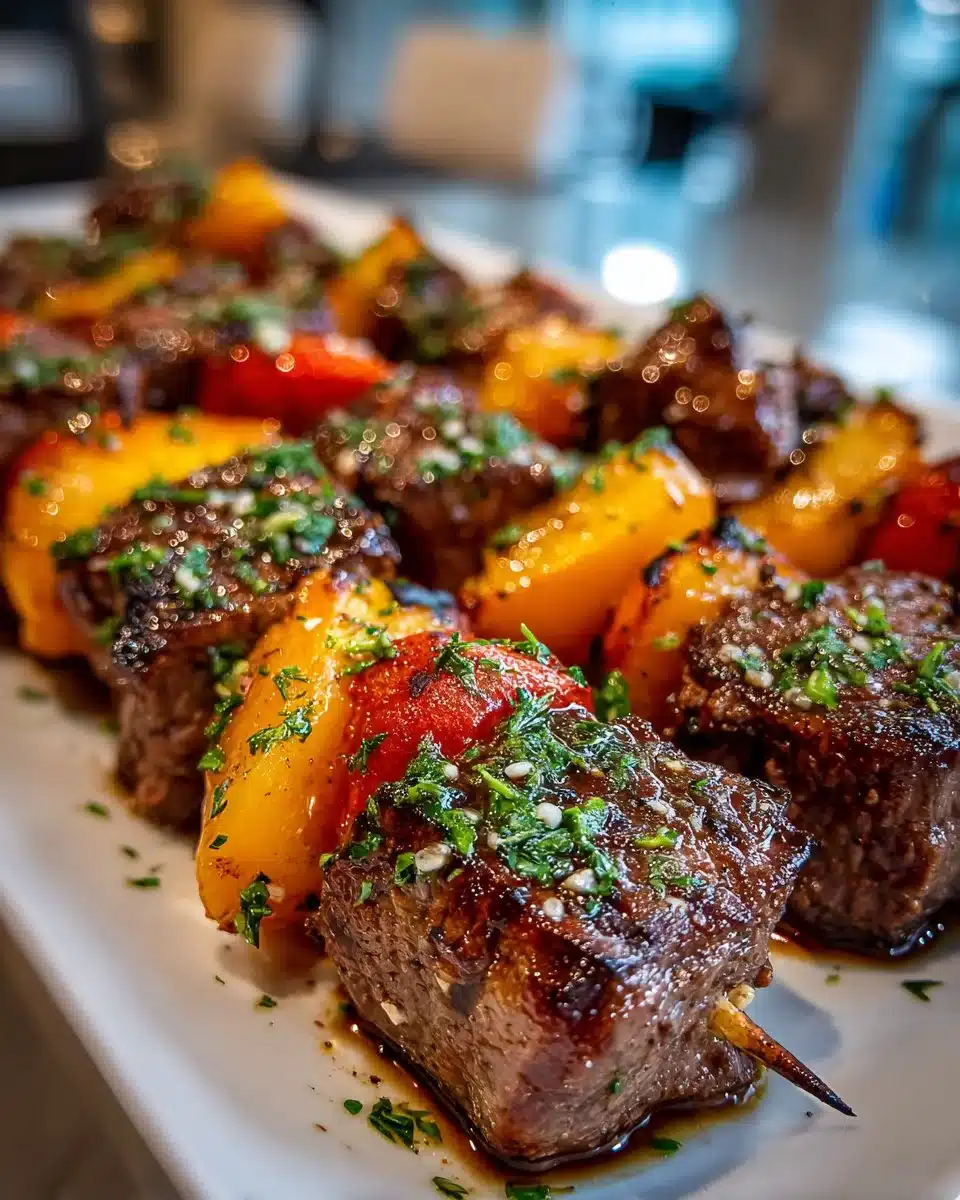 Grilled Peach and Balsamic Halal Beef Skewers on a serving platter