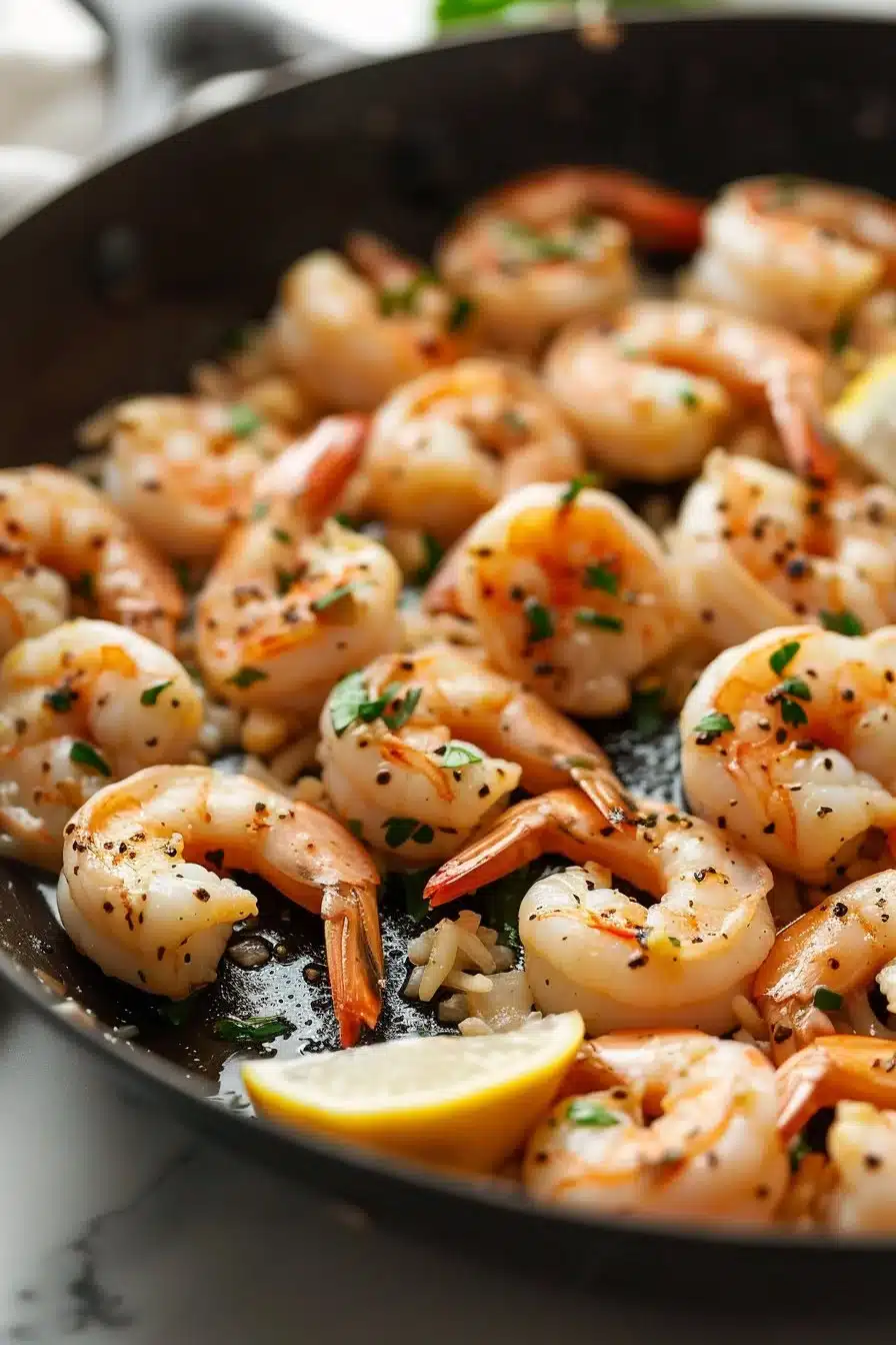Plate of lemon garlic butter shrimp served in a skillet with garnish