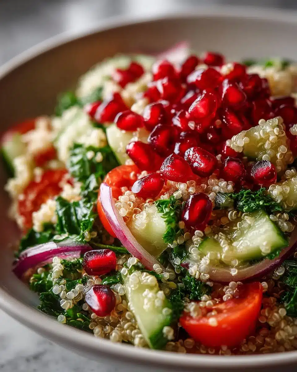 Delicious quinoa tabouleh salad topped with pomegranate seeds.